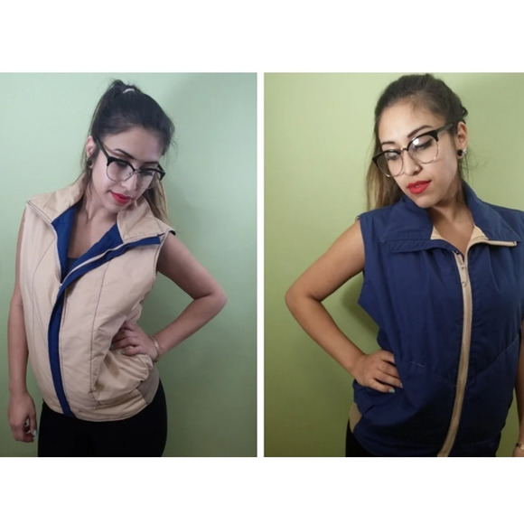 Unisex Reversible POCKET Vest - Tan and Blue - Vintage 70's Outdoor Vest - Picture 1 of 6